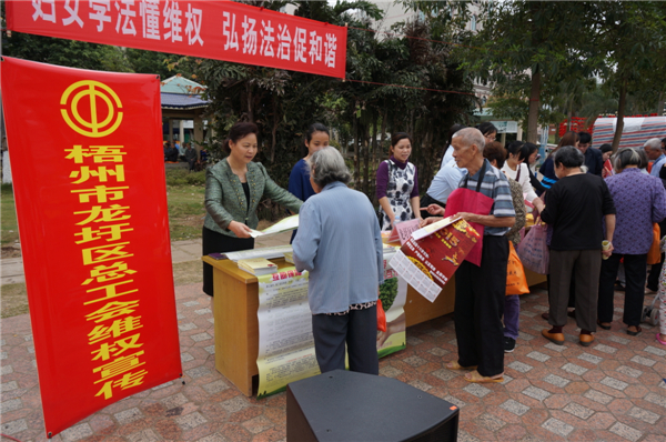 龍圩區(qū)總工會(huì)在2015年3月開(kāi)展迎&ldquo;三八&rdquo;婦女維權(quán)月普法活動(dòng)，以&ldquo;婦女法治懂維權(quán)，頌揚(yáng)法治促和諧&rdquo;為指導(dǎo)思想，開(kāi)展了以&ldquo;