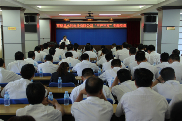 6月5日，蒼梧縣水利電業(yè)有限公司開展 &ldquo;三嚴(yán)三實(shí)&rdquo;專題教育黨課暨黨風(fēng)廉政教育培訓(xùn)，黨課邀請(qǐng)蒼梧縣人民檢察副檢察長(zhǎng)莫孔文為